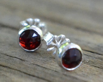 garnet and sterling silver faceted stud earrings