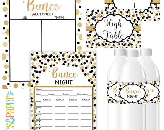 Bunco Night Score Card in Gold and Black Confetti, Bunco Night Printable-Table Markers-Table Numbers-Tally Sheet-Instant Download
