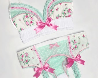 Mint & Pink Floral Garter Belt - Pick Your Size - Handmade Vegan Bridal