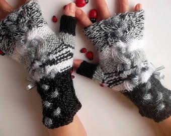 Women Size M 20% OFF Ready To Ship OOAK Accessories Fingerless Mittens Arm Warm Gloves Wrist Warmers Hand Knitted Winter Cabled Striped 775