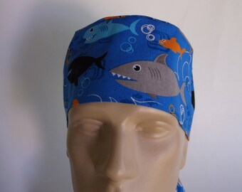 Ocean Sharks - Men's Surgical Scrub Hat with sweatband option, scrub cap, bakers hat,40-4550