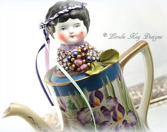 Iris Teapot Art Doll Handpainted Nippon Porcelain Assemblage Art Doll One-of-a-Kind Lorelie Kay Original