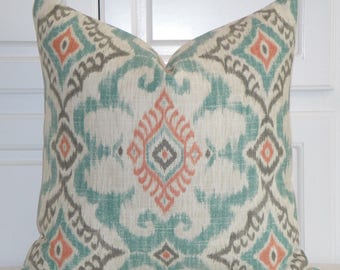 IKAT Decorative Pillow Cover - Aqua Coral Grey Pillow - Accent Pillow - Kilim Pillow - Both Sides Or Front Only - Cushion Pillow Case Cover