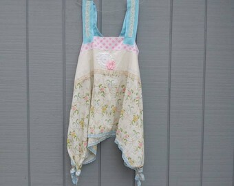 Upcycled tunic, upcycled top,repurposed clothing,shabby chic,lace,pink,blue,floral,romantic top,pinafore top,tunic,artsy clothing,floral