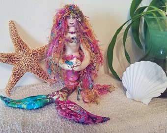 ON SALE - OOAK, rainbow colored fiber sculpted sitting mermaid on real starfish