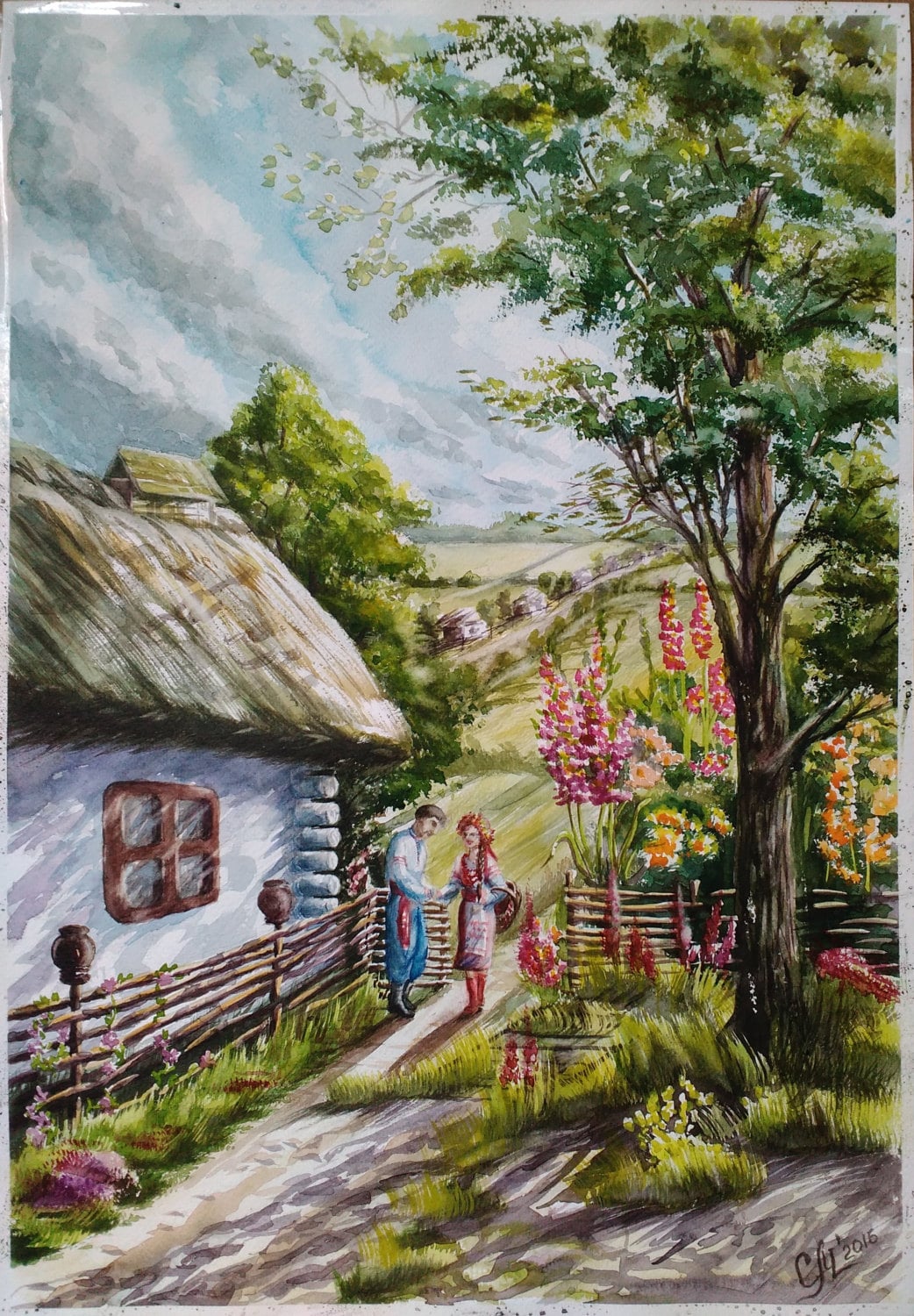 Countryside watercolor landscape painting Typical ukrainian
