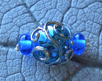Blue Silver Glass Scroll Hollow Lampwork Beads by Cherie Sra R114 Flameworked Hollow Focal Beads Scroll Lampwork Bead Hollow Lampwork Bead