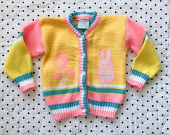 Vintage Fluorescent Bunny Cardigan Sweater Girls Sz 12 18 months 2T