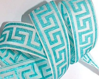 Ribbon - 1 1/2" x 3 yds - Greek Key Design Aqua and White - SALE