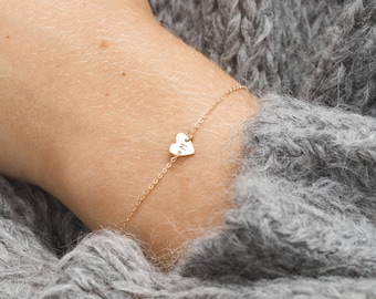 Tiny and Cute Initial Heart Bracelet / Custom Hand Stamped Initial Bracelet / 14k Gold Fill, Sterling Silver or Rose Gold Filled / LB124