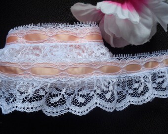 Ruffled Lace with Ribbon, 1+3/4 inch wide white/peach selling by the yard