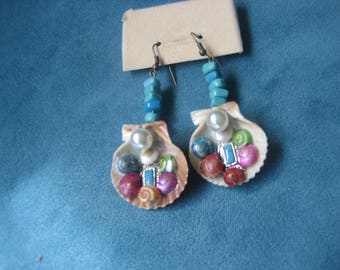 Turquoise Beads/Shells/Pearls Colorful Summertime Beach Handmade Earrings