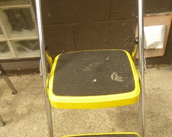 Vintage Yellow Cosco Folding Stepstool - Narrow Enough to Hang - Rugged MId Mod Industrial Form