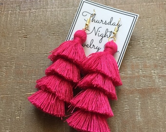Hot Pink 4 Tiered Tassel Earrings