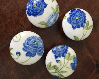 1.5 inch knob, blue peony, floral knobs, blue knobs, blue peonies, decoupaged, cabinet knobs, drawer pulls, EACH SOLD SEPARATELY