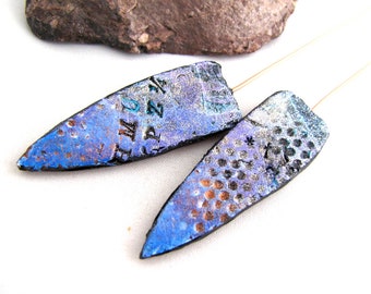 Poly Dagger Points - Arrow Polymer Clay Purple, Silver, Copper Black Dotted Textured Lightweight on Copper Wires Numi- Poly Pair (2)