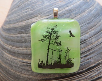 0242 - Soaring Eagle and Trees on Fused Glass Pendant