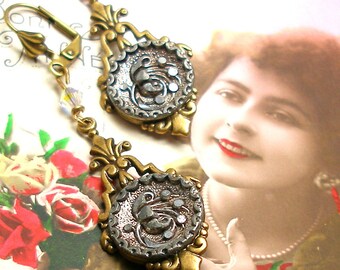 Azalea BUTTON earrings, French Victorian flowers in brass drops. Unique jewellery, present, gift.