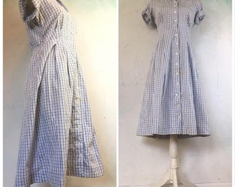 50s Blue gingham dress, House dress, Blue plaid dress, Gingham dress, Blue midi dress, Cotton dress