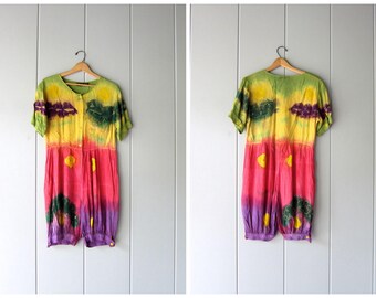 Hippie Romper Tie Dyed India Coveralls Colorful Rainbow Bib Overalls Onesie Shorts Retro Vintage 1980s One Piece Summer Jumper Womens Small