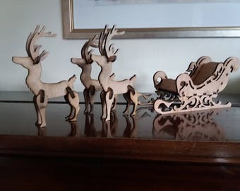 Laser Cut Santa Sleigh and 3 Reindeer