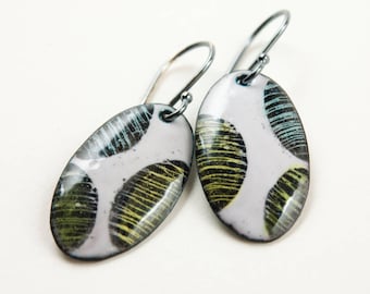 Mini Orbits Enamel Earrings Sgraffito in Blue Green and Yellow