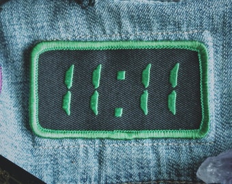 11:11 Synchronicity Patch - Metaphysical Fashion Accessory - 3" Iron On Embroidered Patch - Digital Clock Green - Awakening Code Numerology