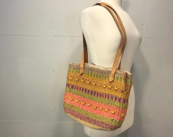 Boho hemp raffa shoulder bag bucket basket tote spring summer beach bag resort tote multi colored detail