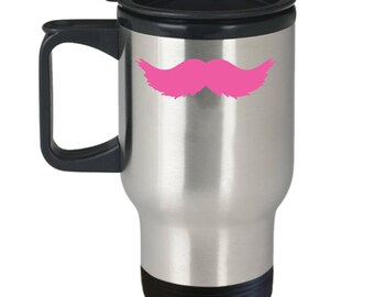 Pink Mustache Travel Mug - Funny Ironic Hipster Coffee or Tea Cup