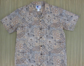 Vintage Hawaiian Shirt NUI NALU 70s Aloha Surfer Shirt Enchanted Tiki Hut Tribal Pattern Reverse Print Mens - L - Oahu Lew's Shirt Shack