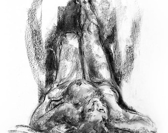 Original Charcoal Drawing Of A Woman, Size A3, Framed, With Passepartout