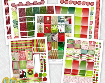 CHRISTMAS printable planner stickers, 9pc Traditional Christmas monthly sticker kit, full box, half box, headers, dew drops, checklists