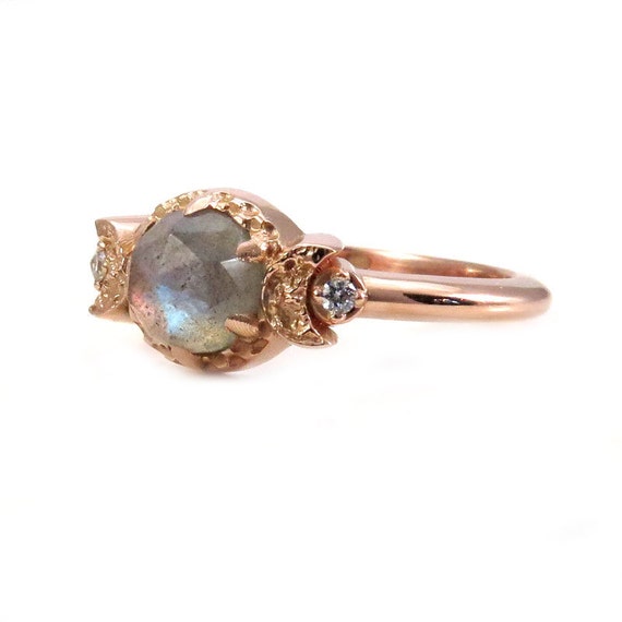 Labradorite and Diamond Moon Goddess Engagement Ring - Gothic Victorian Rose Gold Ring