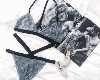 Ash grey lace lingerie set - soft bra and panties, handmade lingerie