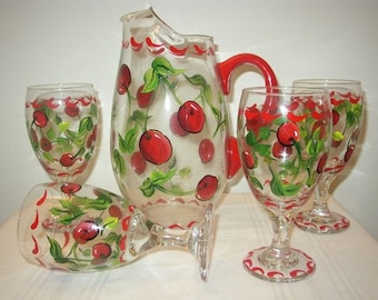 Hand Painted Goblets / Ice tea Glasses and Pitcher with Cherries