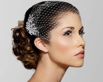 Birdcage Veil, Bridal Veil, Bridal Comb, Bandeau Birdcage Veil, Blusher Bird Cage Veil, Detachable Rhinestone Hair Comb, crystal veil
