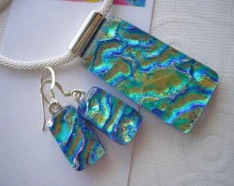 Jewelry Set Dichroic Glass Sunlit Blue Green Matching Pendant and Earrings Fused Glass .925 Sterling Earwires Color Shifting Glass Dichronic