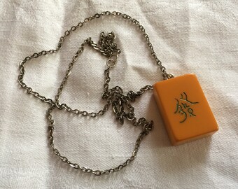 Bakelite Mahjong Tile Pendant, green 發 (fā, wealth), on Chain