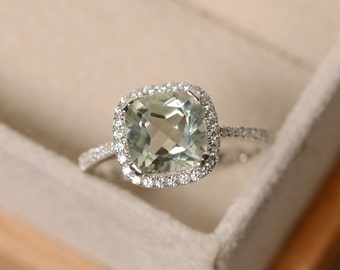Green amethyst ring, cushion cut, sterling silver