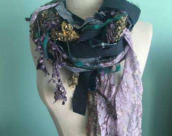 Hand Woven Spring Scarf Wrap - Plaid,Pinstripe,Lace,Yarn,Vintage Trim, Fabric - Purple,Green,Navy - "Lilacs and Plaid"