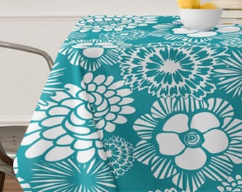 Modern Floral Tablecloth // Table Linens // Dining Room // Festibloom Design // Turquoise // Table Decoration // Modern Home // Boho Chic