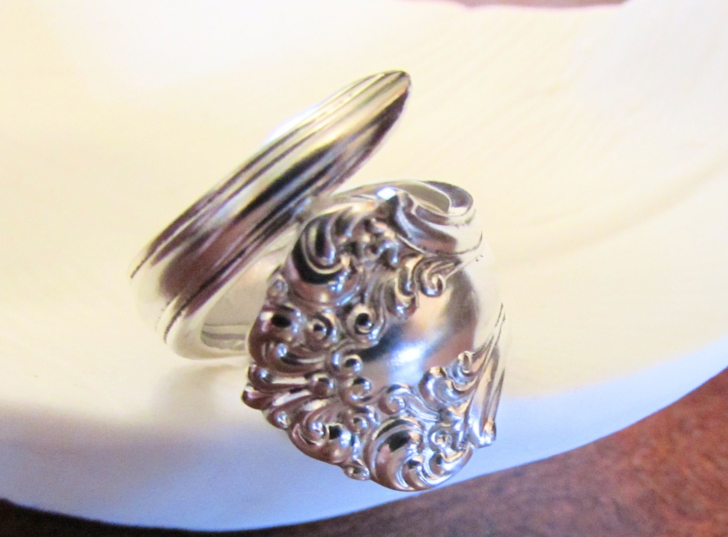 Spoon ring.Spriral Spoon ring made from a vintage pattern silver plate