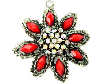 Red Glass Star Flower Pendant For Necklace Vintage Aurora Borealis Red Jewelry Vibrant Red Faceted Glass Star Flower Gift Idea For Women