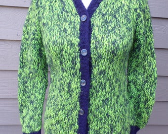CHUNKY GREEN and BLUE Italian mohair blend cardigan sweater S M