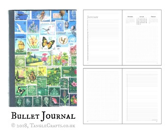 A5 Bullet Journal, Bujo Planner, Undated Diary | Landscape Postage Stamp Art, Flowers & Butterflies | Mother's Day Gift for Boho Home Office