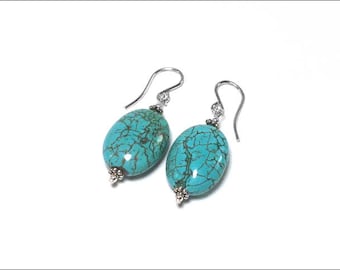 Turquoise Earrings - Oval Turquoise and Sterling Silver Bali-Style spacer beads