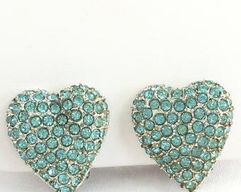 Rhinestone Heart Earrings Aqua Blue Pave Rhinestones Vintage Clip on