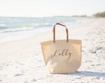 Monogrammed Beach Bag | Beach Tote | Personalized Tote Bag | Burlap Tote Bags with Pockets | Gifts for Women | Charlotte Font