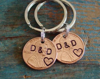 Couples Gift,Penny Keychains Set of 2,Year of Choice,Copper Anniversary,Personalized Keychains,7th Anniversary Gift, Husband Gift, Wife Gift