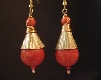Hammered Bronze Coral Modern Earrings Unique Sponge Coral Textured Bronze Drop Earrings Contemporary Gold and Red Earrings